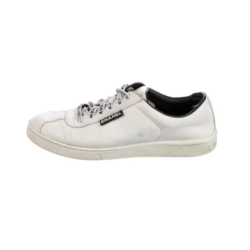 CHANEL CC Logo G34085 White Leather Low Top Lace-Up Sneaker Shoes Size EUR 38